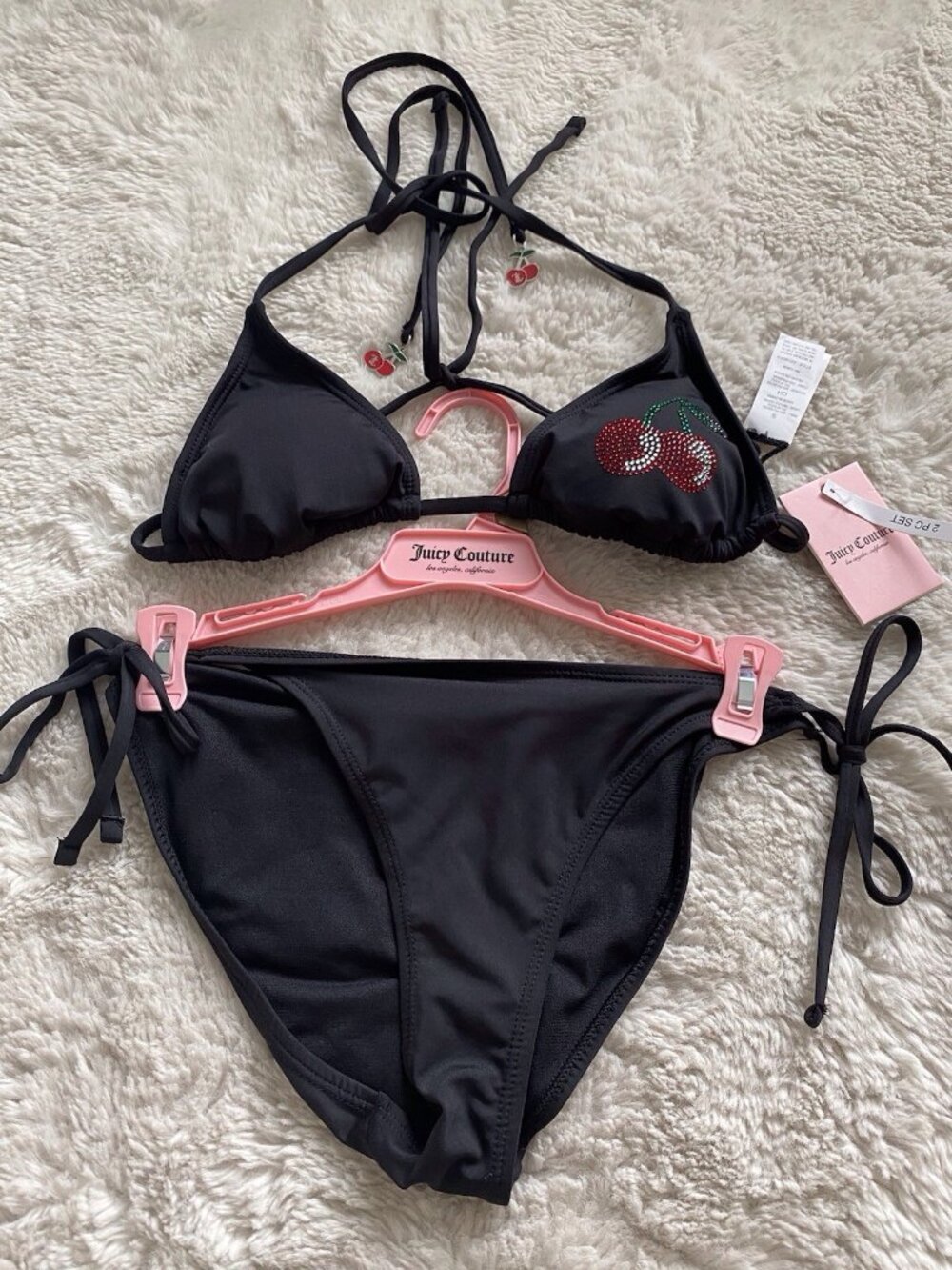 Juicy Couture Cherry Rhinestone Bikini Set Ladies Women’s Sz S Black Bling NEW